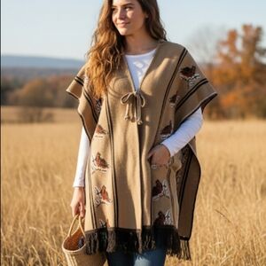 Vtg 70's Boho Tan Bird Poncho Sweater Cardigan O/S